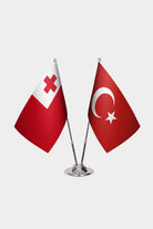 Tonga and Turkey desk flag set with chrome pole and base