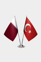Qatar and Turkey desk flag set with chrome pole and base