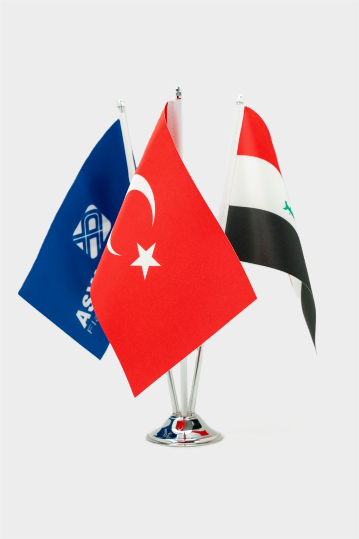 Logo printed Turkish triple desk flag set on a chrome base