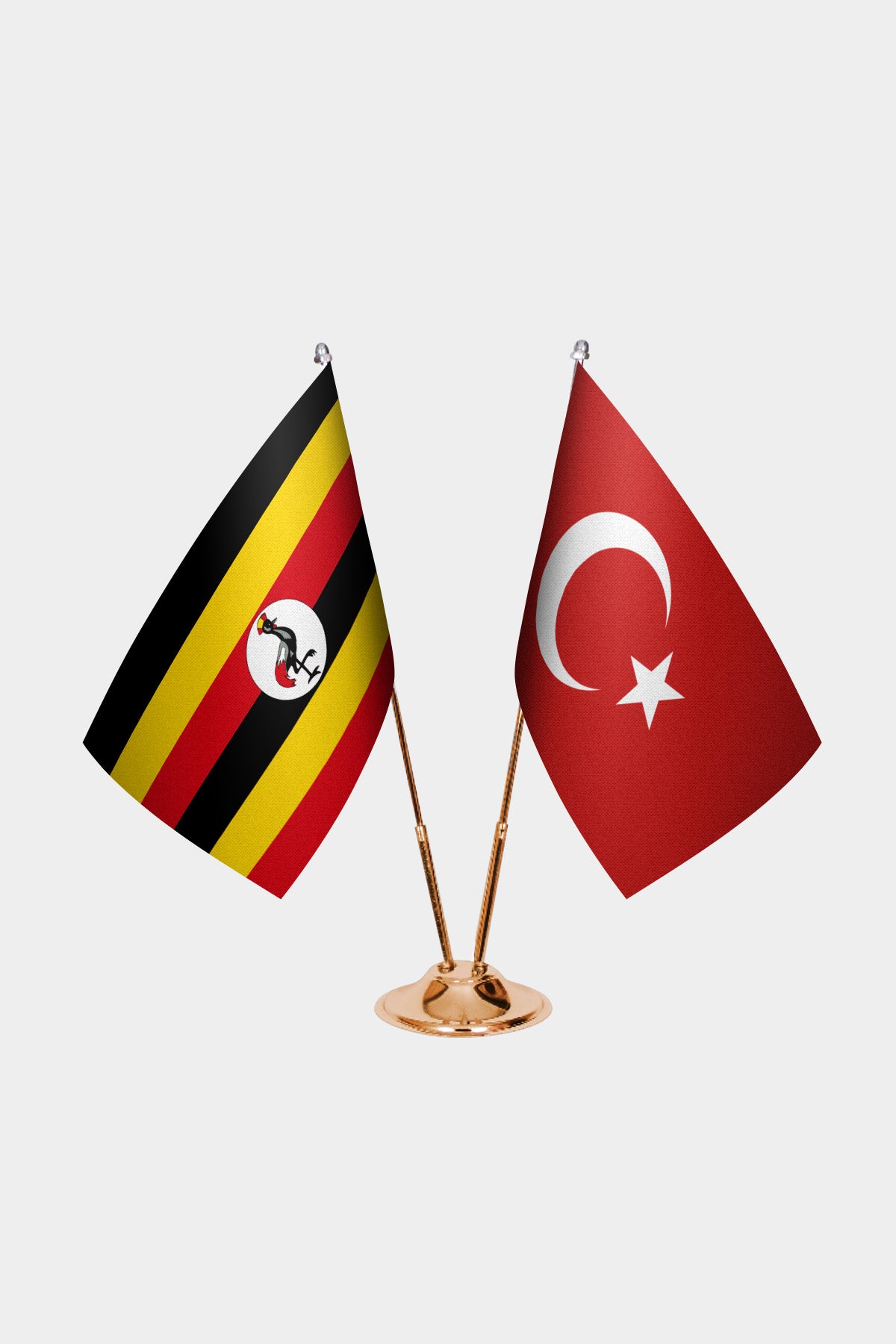 Uganda and Turkey desk flag set with gold pole and base