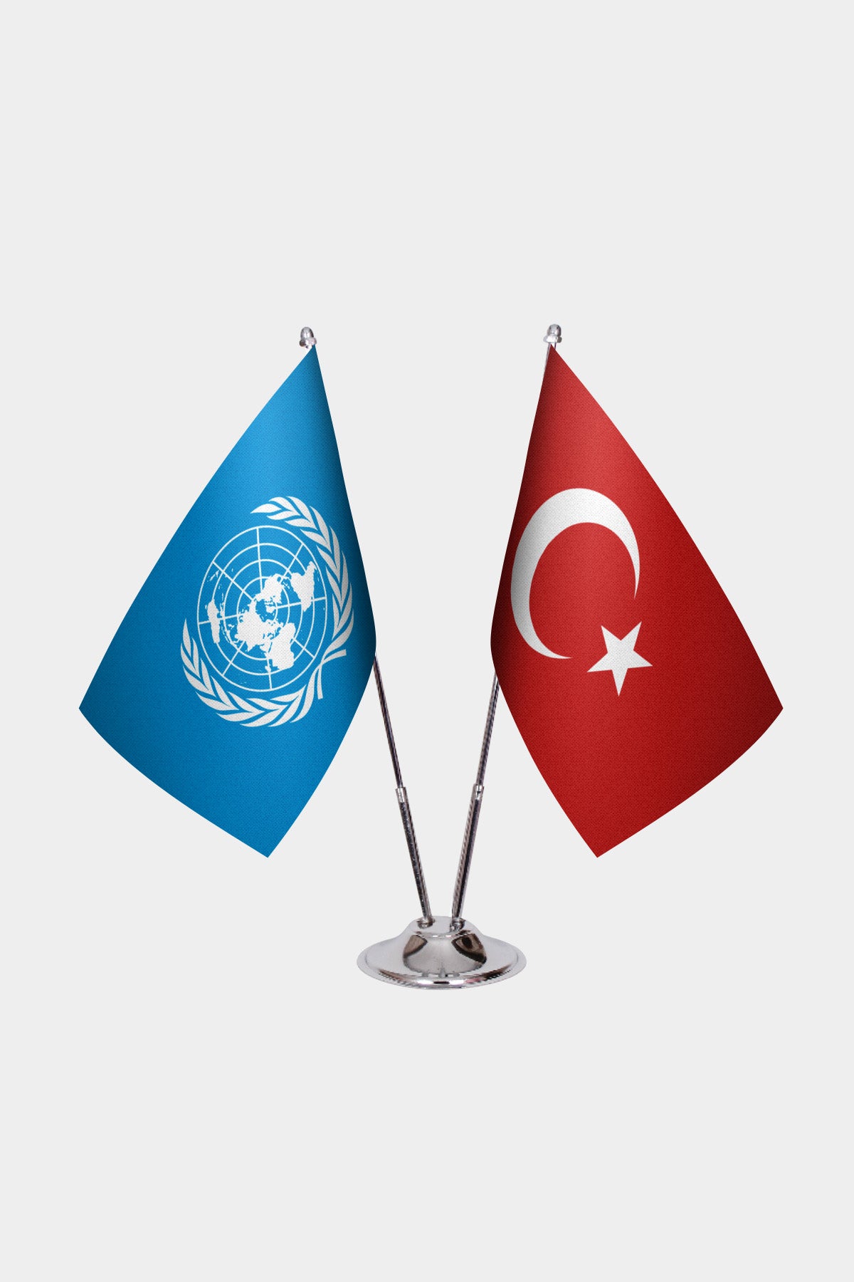 United Nations and Türkiye dual desk flag set with chrome silver pedestal, satin office table flag