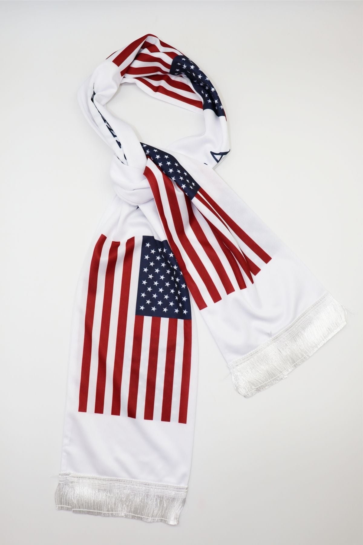 USA Flag Satin Soccer Scarf looped and tied, showing the print on both sides