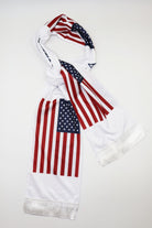 USA Flag Satin Soccer Scarf looped and tied, showing the print on both sides