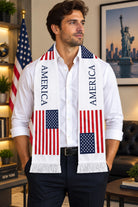 USA Flag Satin Soccer Scarf worn around the neck by a man in a white shirt